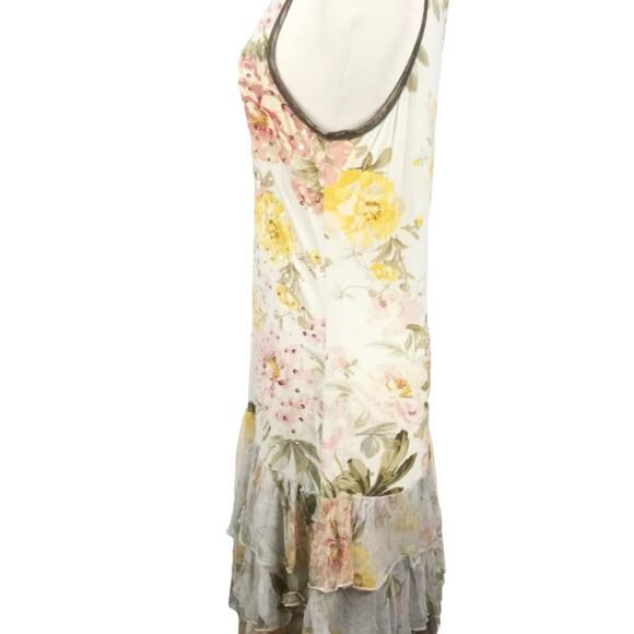 ALBERTO MAKALI Jersey Dress Floral Sequins Tulle Ruffles Hem Sleeveless Small - Picture 7 of 8